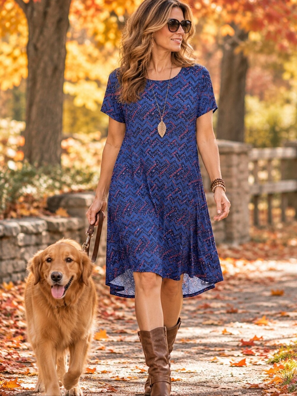 LuLaRoe Navy Blue Chevron Print Short Sleeve Swing Dress with Pink Accents